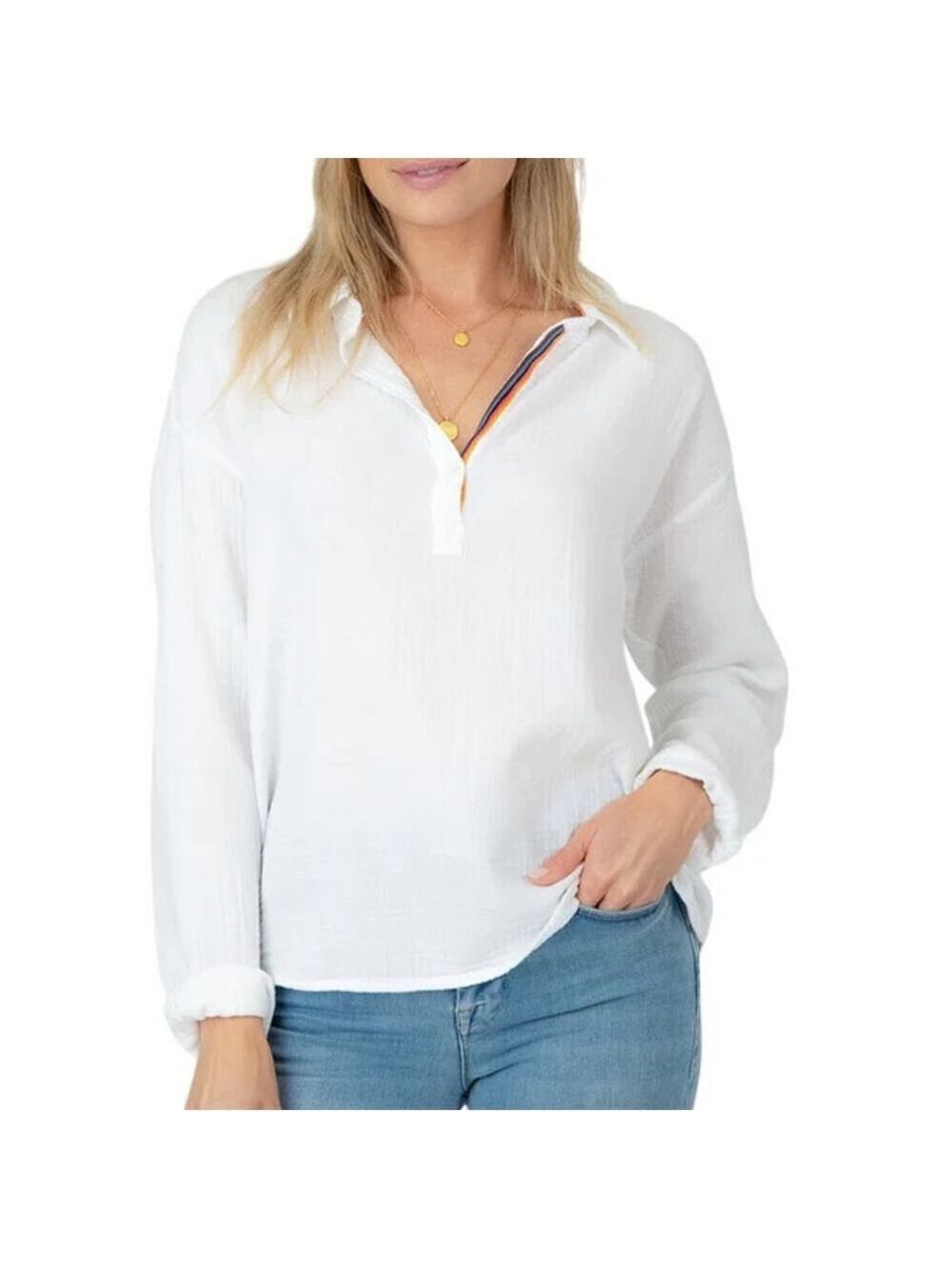 Dylan Reese Pullover White Cotton Gauze Long Sleeve Blouse Rainbow Trim Collar